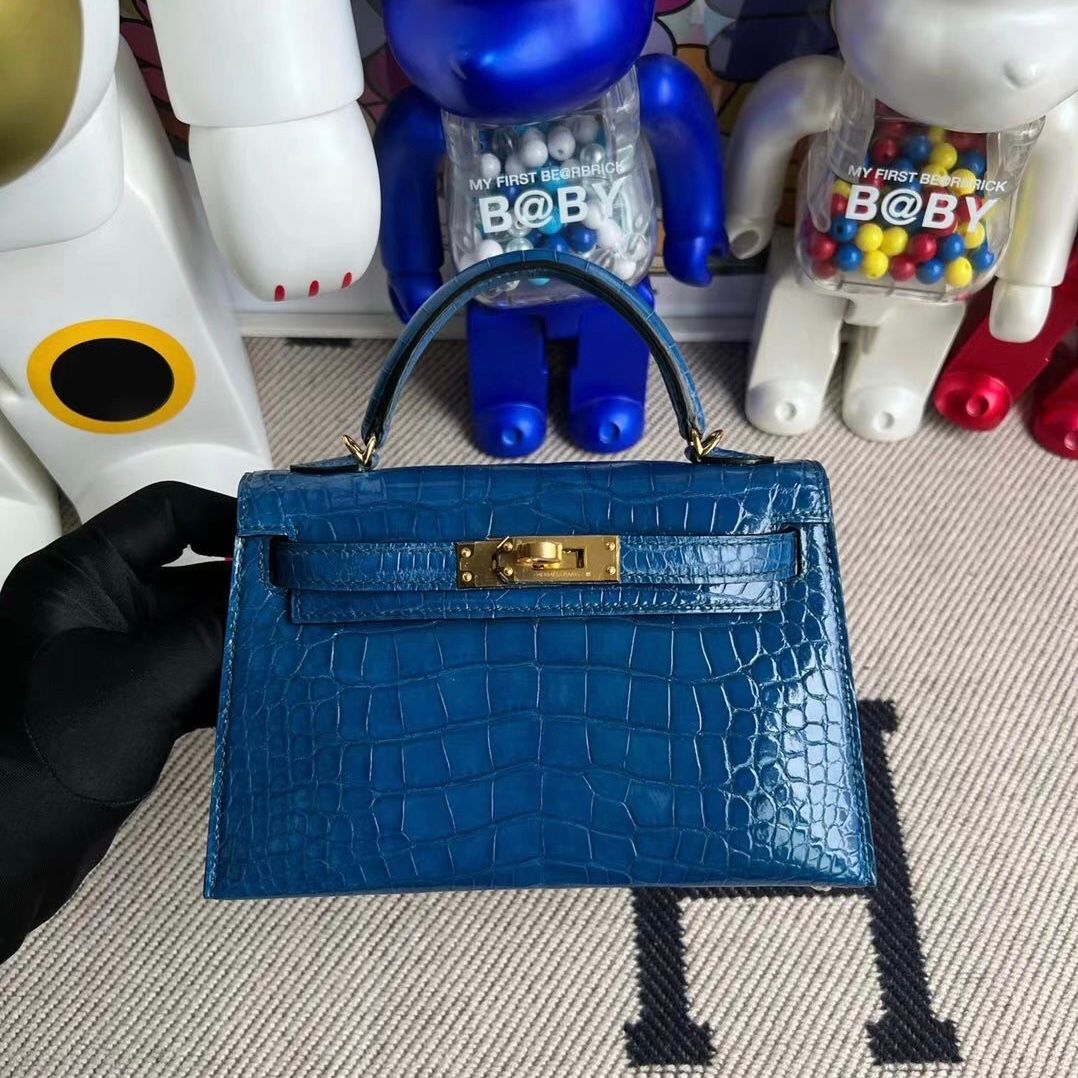 Herm&egrave;s Kelly mini II Shiny Alligator Crocodile 7W Blue Izmir Gold hardware All hand sewing-0248