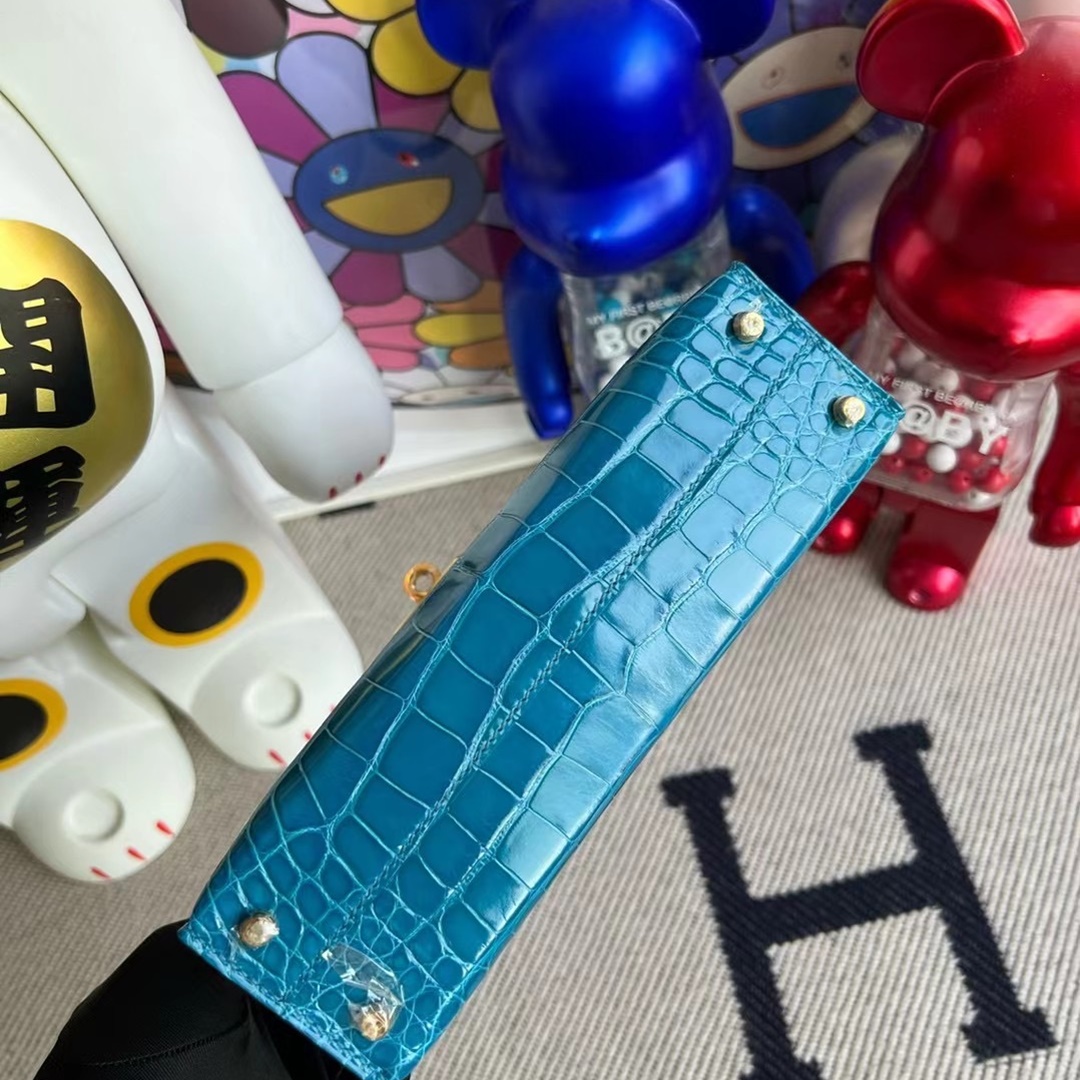 HHermès Kelly Mini II  7W Blue Izmir  shiny alligator crocodile GHW