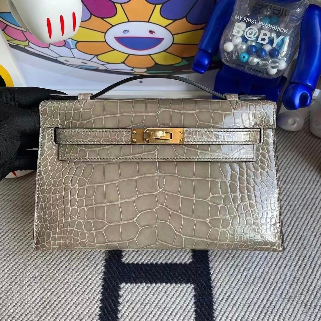 Hermes MiniKelly Pochette 22cm J5 Rose sheheraradez  Shiny alligator crocodile-3493