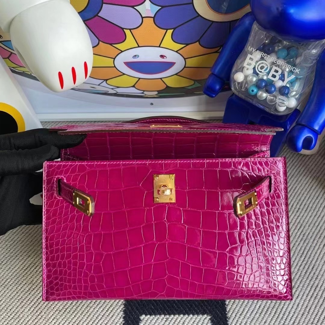 Hermes MiniKelly Pochette 22cm J5 Rose sheheraradez  Shiny alligator crocodile