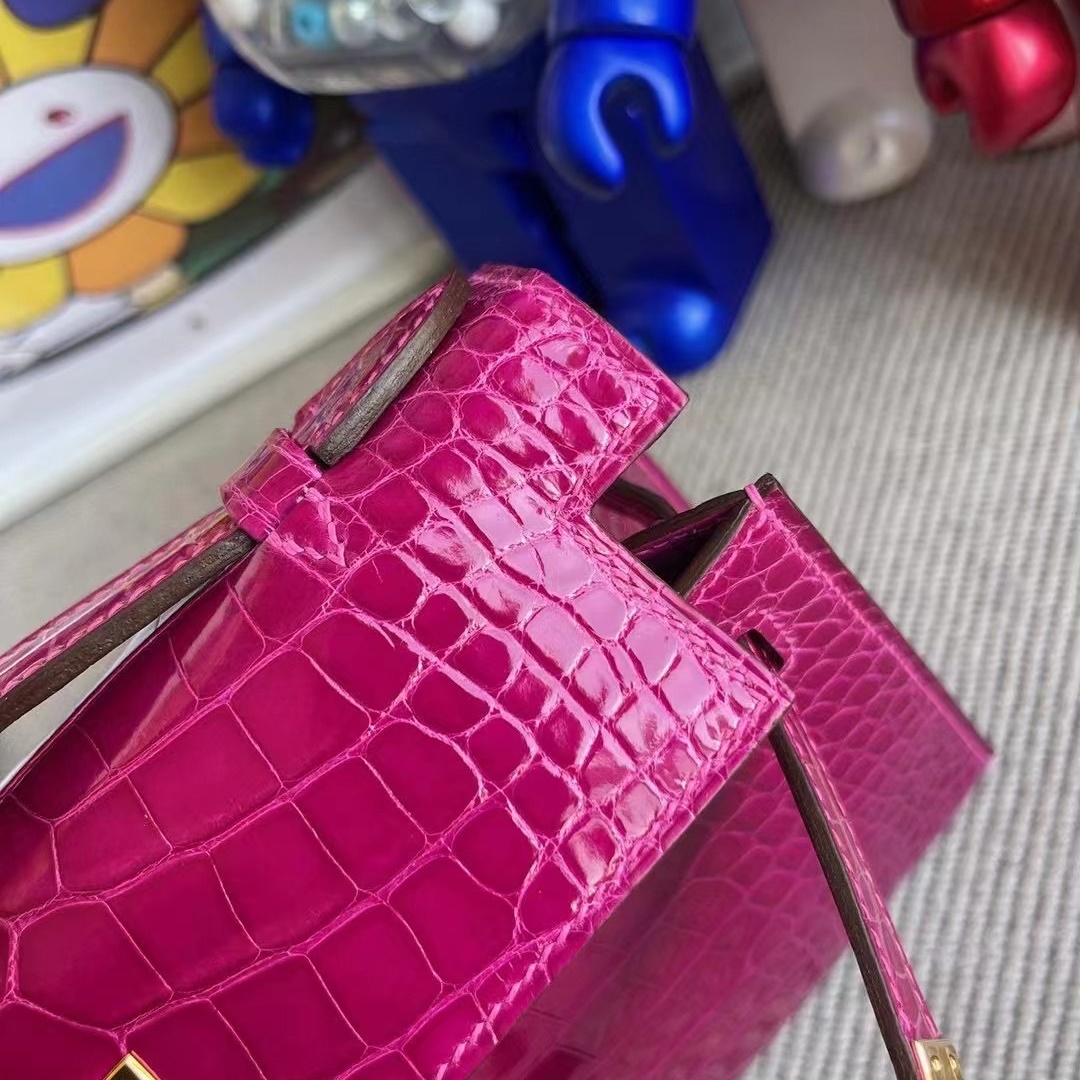 Hermes MiniKelly Pochette 22cm J5 Rose sheheraradez  Shiny alligator crocodile