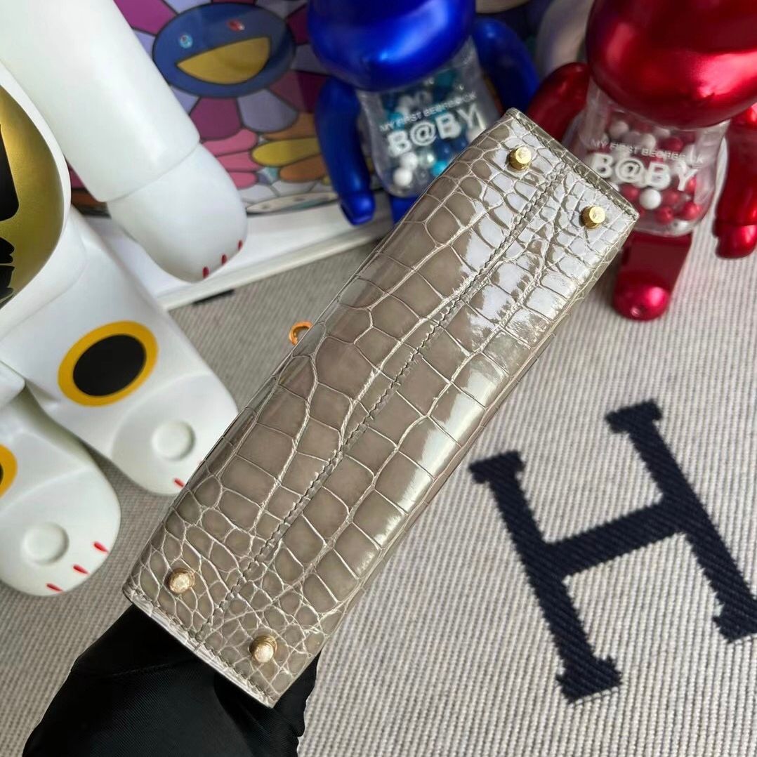 Hermès Kelly Mini II 2代 81 Gris Tourterelle  Shiny Alligator Crocodile GHW