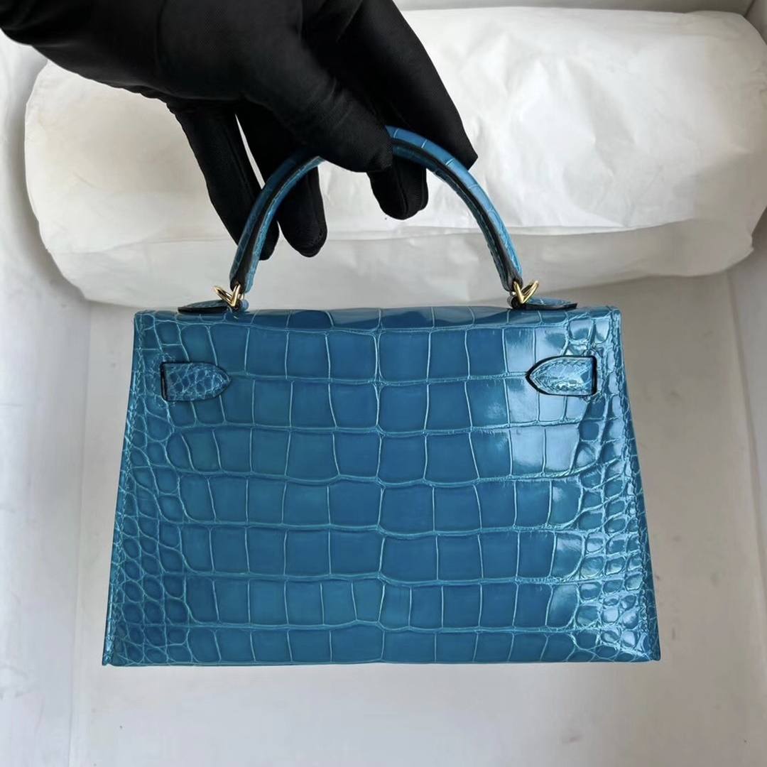 HHermès Kelly Mini II  7W Blue Izmir  shiny alligator crocodile GHW