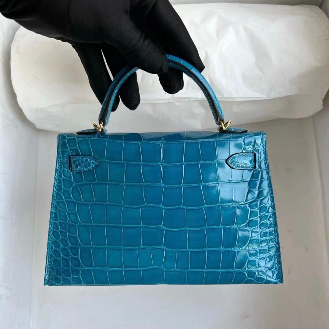 Hermès Kelly mini II Shiny Alligator Crocodile 7W Blue Izmir Gold hardware All hand sewing-0248-3495