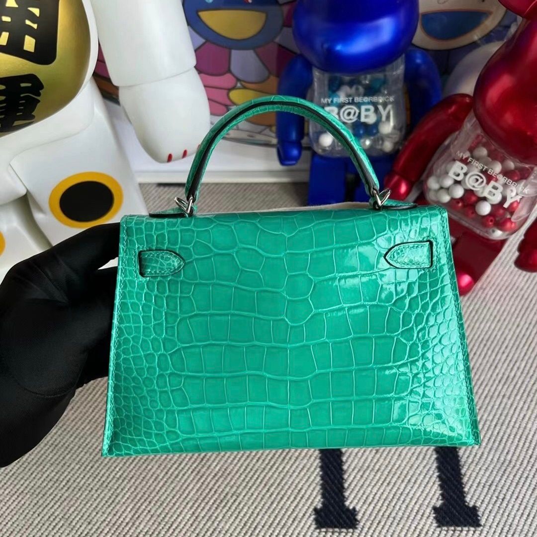 Hermes Kelly Mini II 20cm Shiny Alligator Crocodile 7T blue electric PHW-8303