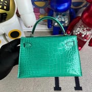 Hermes Kelly Mini II 20cm Shiny Alligator Crocodile 7T blue electric PHW-8303