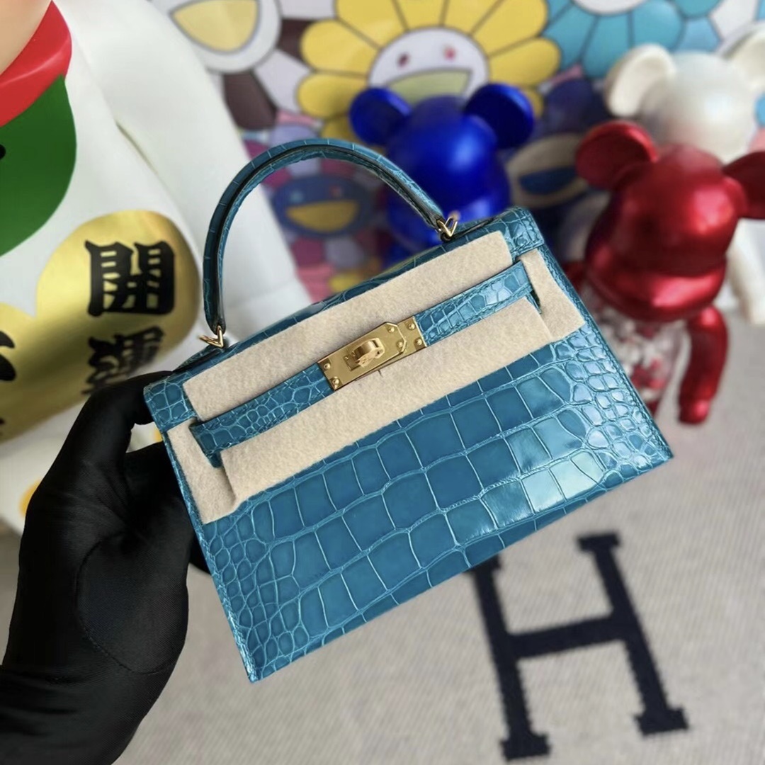 HHermès Kelly Mini II  7W Blue Izmir  shiny alligator crocodile GHW