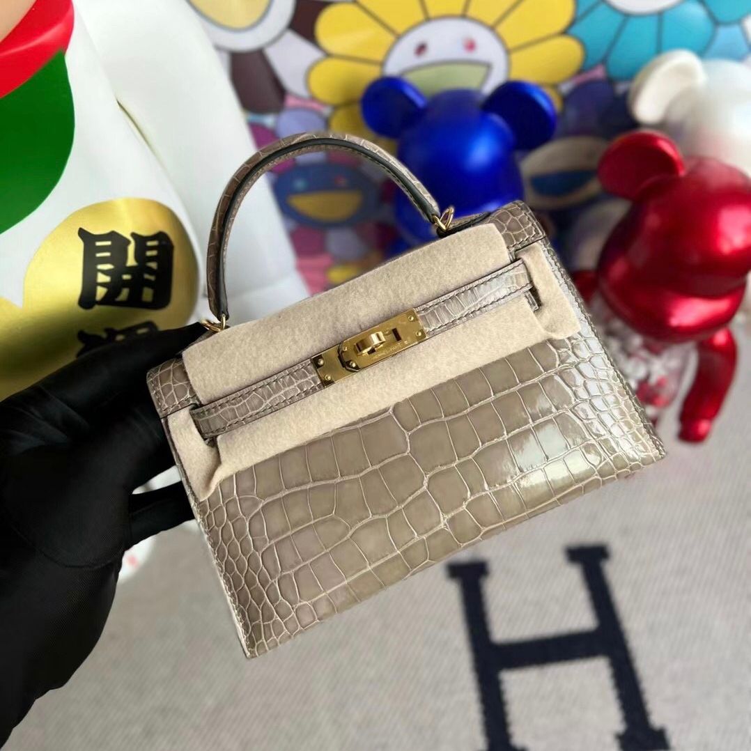 Hermès Kelly Mini II 2代 81 Gris Tourterelle  Shiny Alligator Crocodile GHW