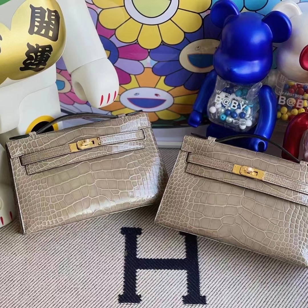 Hermes MiniKelly Pochette 22cm J5 Rose sheheraradez  Shiny alligator crocodile
