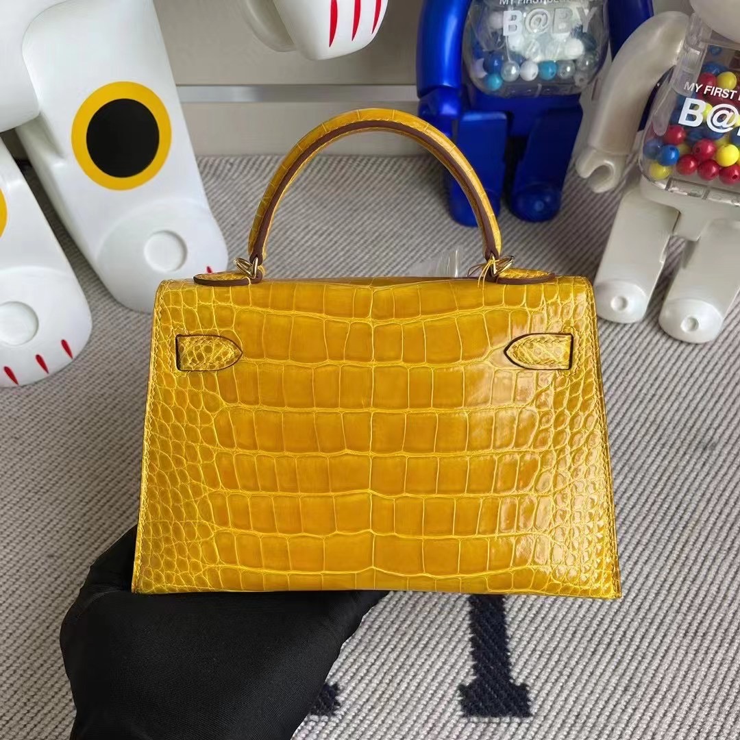 Hermes Kelly Mini II 2代 9D Jaune Amber  Shiny Alligator Crocodile