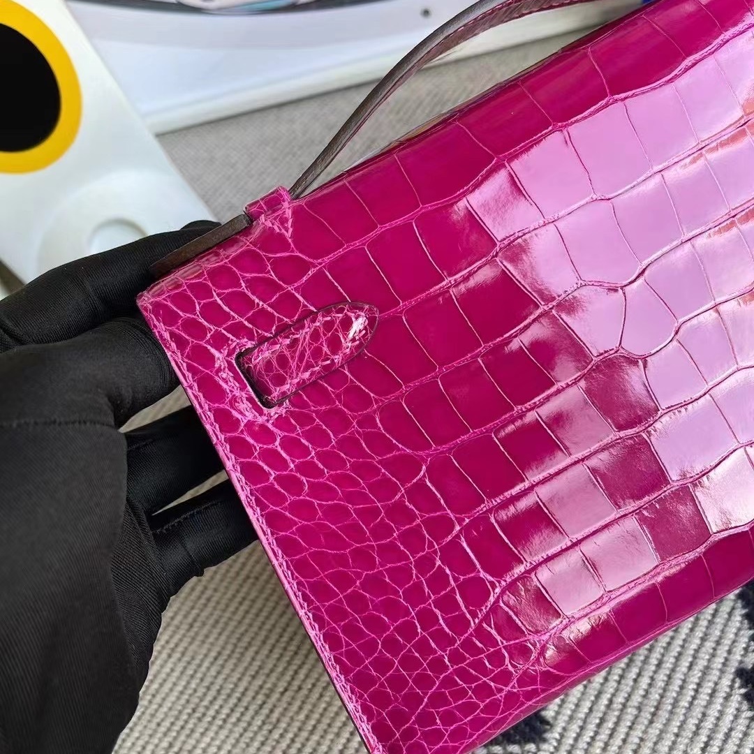 Hermes MiniKelly Pochette 22cm J5 Rose sheheraradez  Shiny alligator crocodile