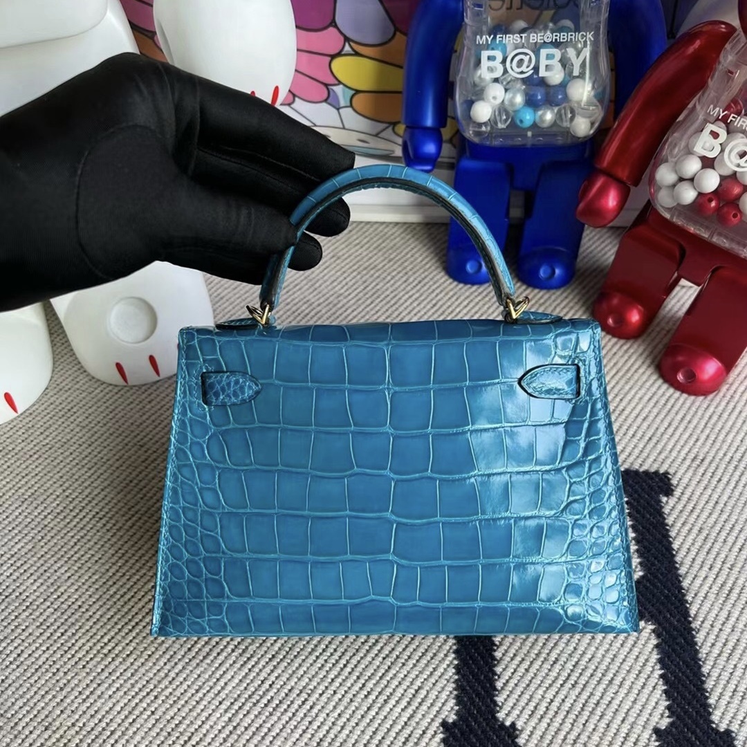 HHermès Kelly Mini II  7W Blue Izmir  shiny alligator crocodile GHW