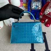 Hermès Kelly mini II Shiny Alligator Crocodile 7W Blue Izmir Gold hardware All hand sewing-0248-3495