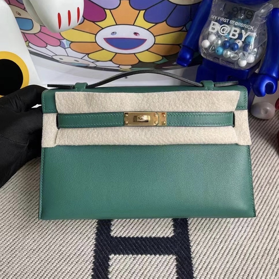 Hermes MiniKelly Pochette Swift Z6 孔雀绿 Malachite 金扣 Hermes MiniKelly Pochette Swift Z6 孔雀绿 Malachite 金扣