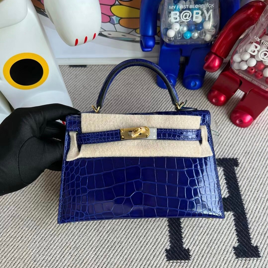 Hermes Kelly Mini II 20cm Shiny Alligator Crocodile 7T blue electric PHW