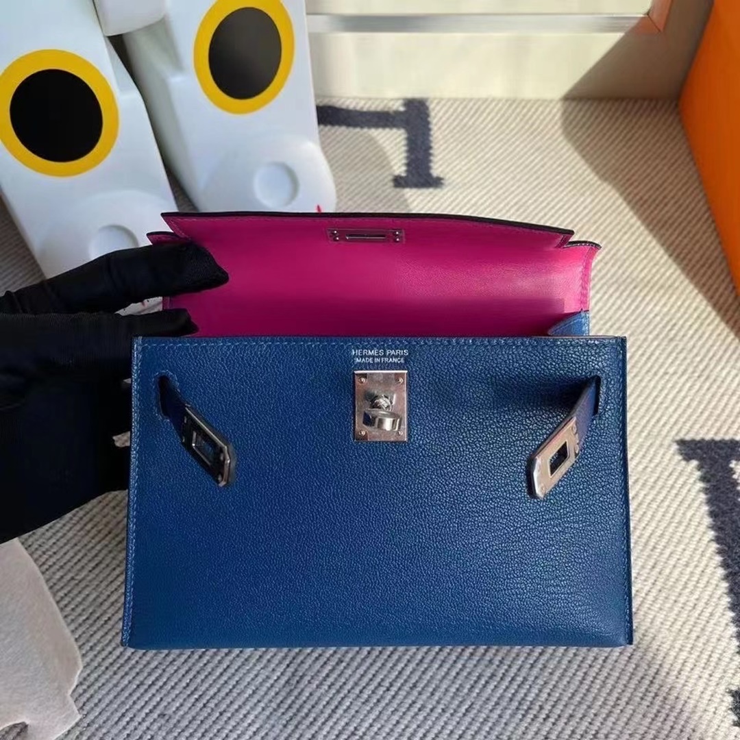 Hermes price kelly Mini II Chevre Mysore S4 Deep Blue L3 Rose Poupre