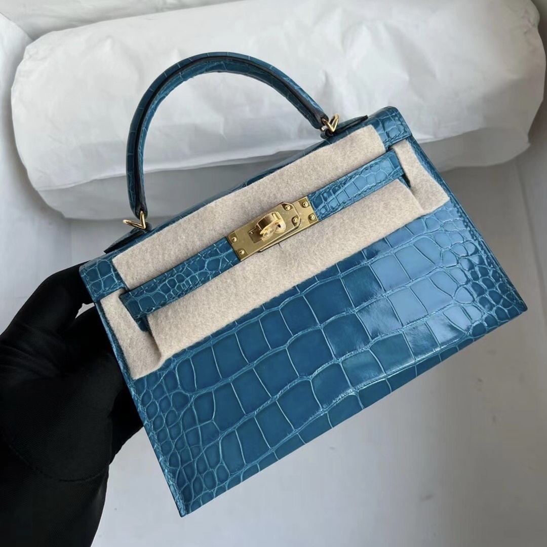 HHermès Kelly Mini II  7W Blue Izmir  shiny alligator crocodile GHW