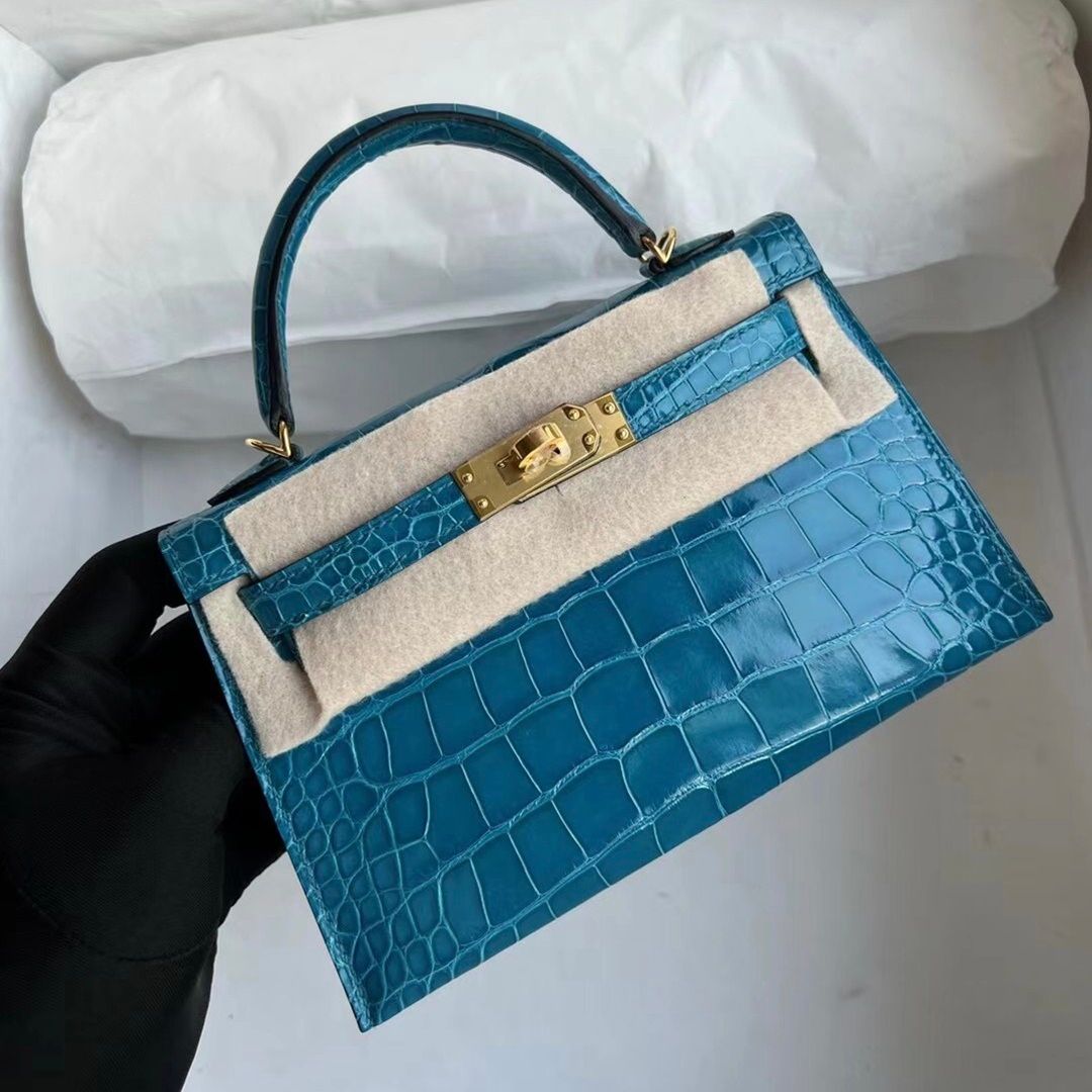 Hermès Kelly mini II Shiny Alligator Crocodile 7W Blue Izmir Gold hardware All hand sewing-0248-3495