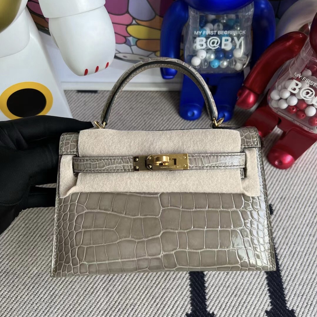 Hermès Kelly Mini II 2代 81 Gris Tourterelle  Shiny Alligator Crocodile GHW