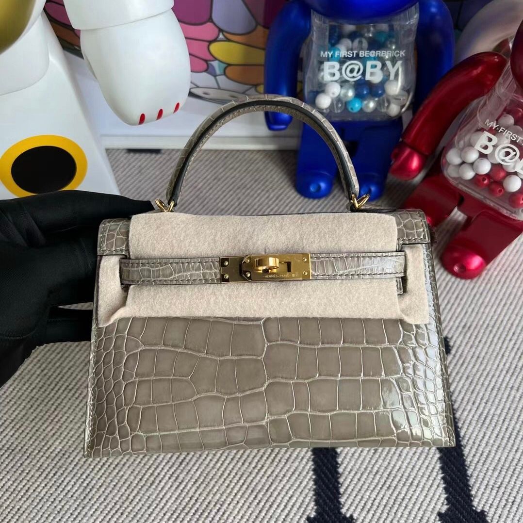 Herm&egrave;s Kelly Mini II 2代 81 Gris Tourterelle  Shiny Alligator Crocodile GHW