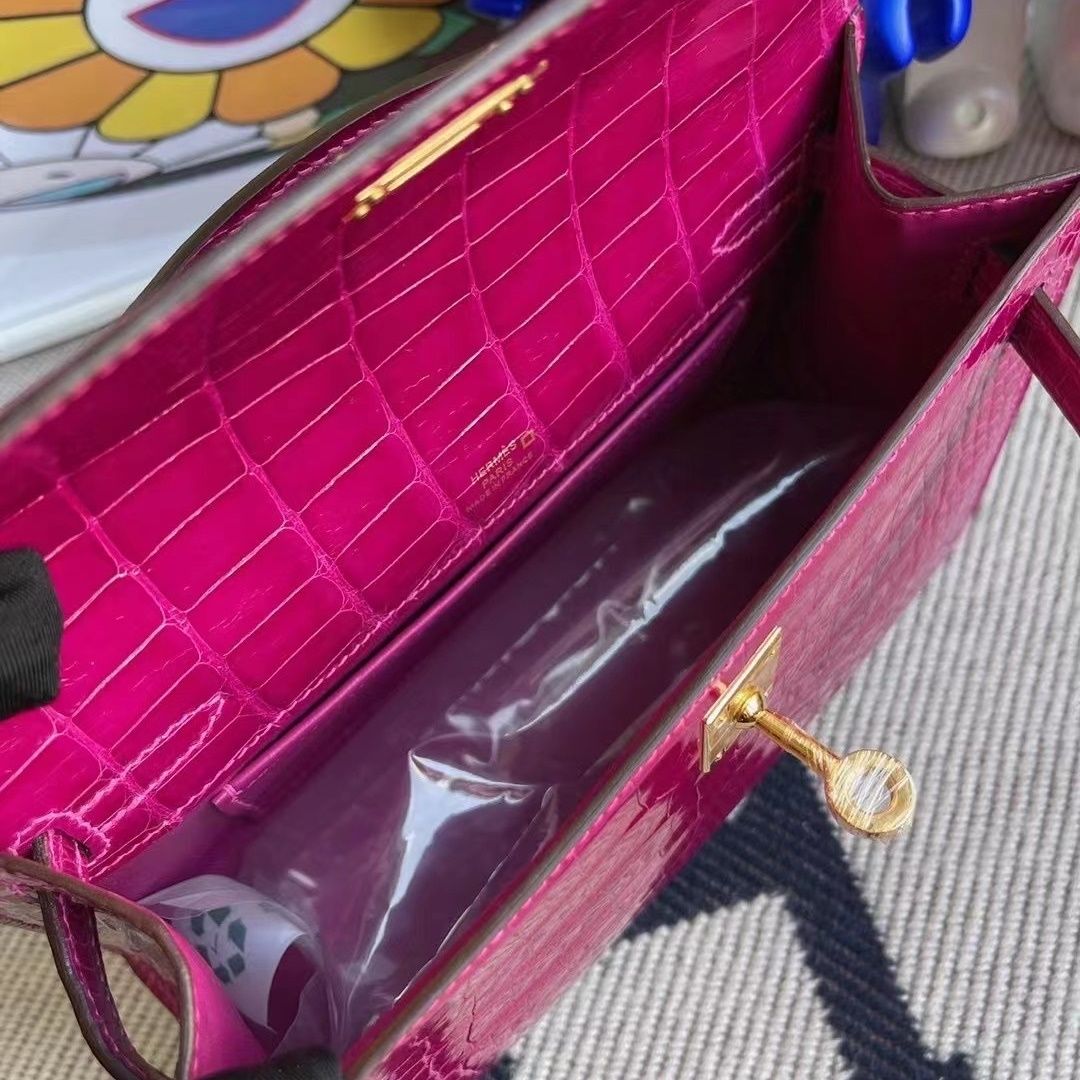 Hermes MiniKelly Pochette 5P pink Matte alligator crocodile-3217