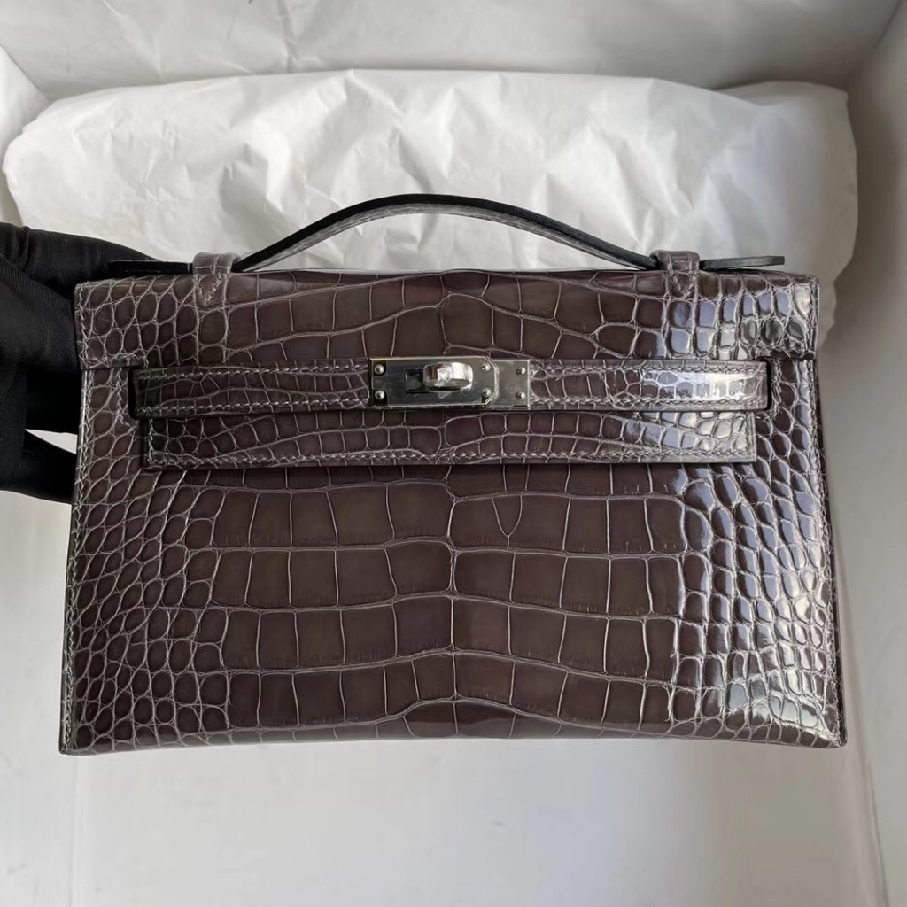 Hermes MiniKelly Pochette Shiny nilo crocodile CK88 Graphite