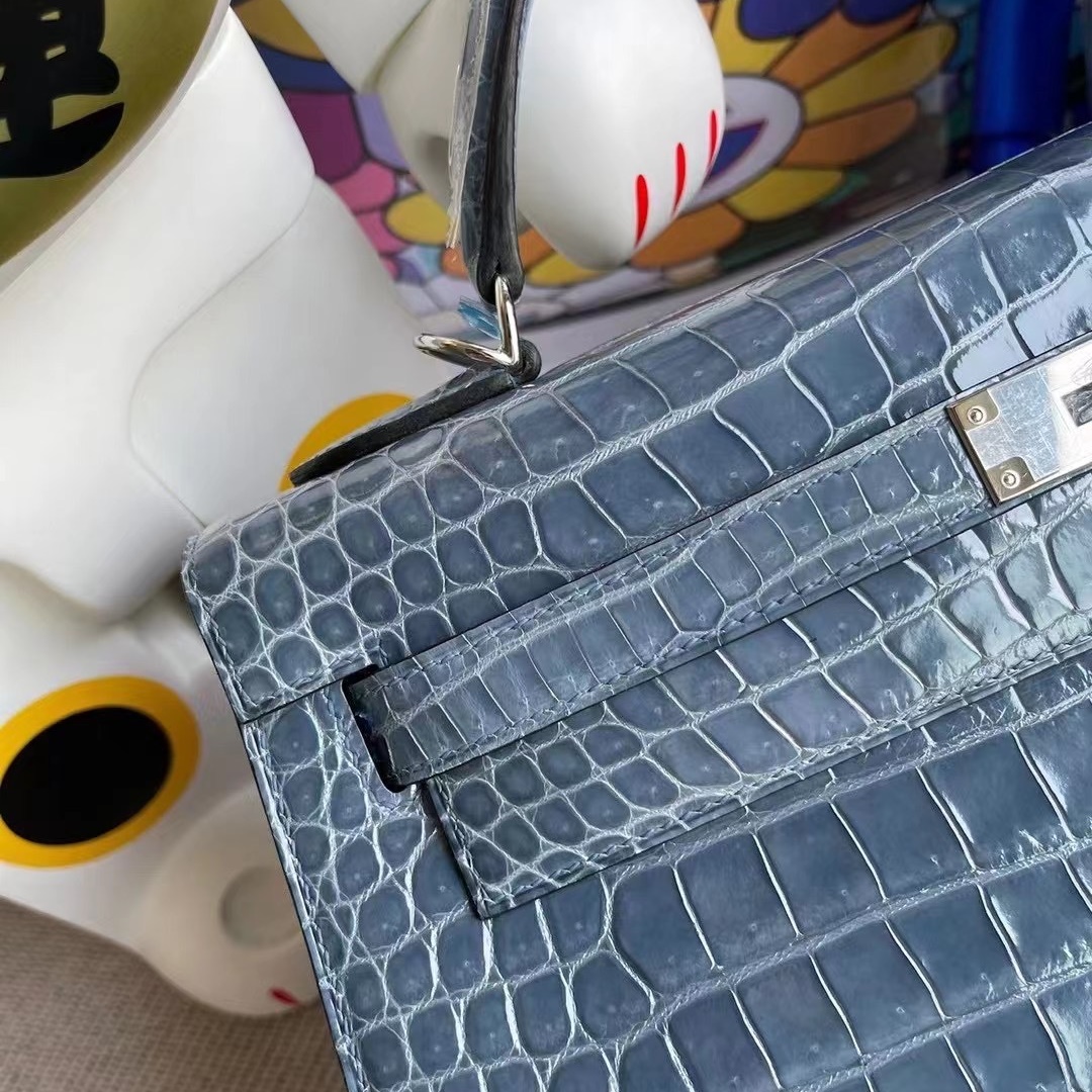 Hermes Kelly 32cm CK75 Blue Jean Shiny porosus crocodile phw Hermes Kelly 32cm CK75 Blue Jean Shiny porosus crocodile phw