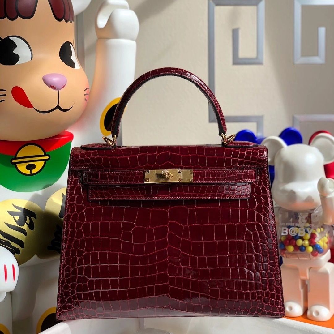 Hermes Kelly 28cm 6Q Very emeraude Shiny Porosus Crocodile ＾-0873