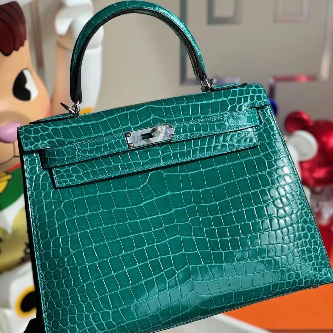 Hermes Kelly 28cm 6Q Very emeraude  Shiny Porosus Crocodile ＾