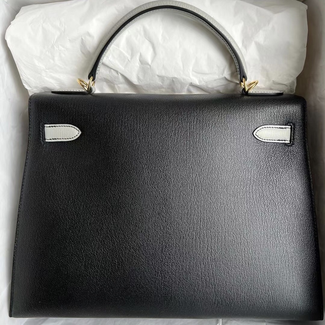 Hermes Kelly 32cm HSS Chevre Mysore 89 Noir 80 Gris Perle Hermes Kelly 32cm HSS Chevre Mysore 89 Noir 80 Gris Perle