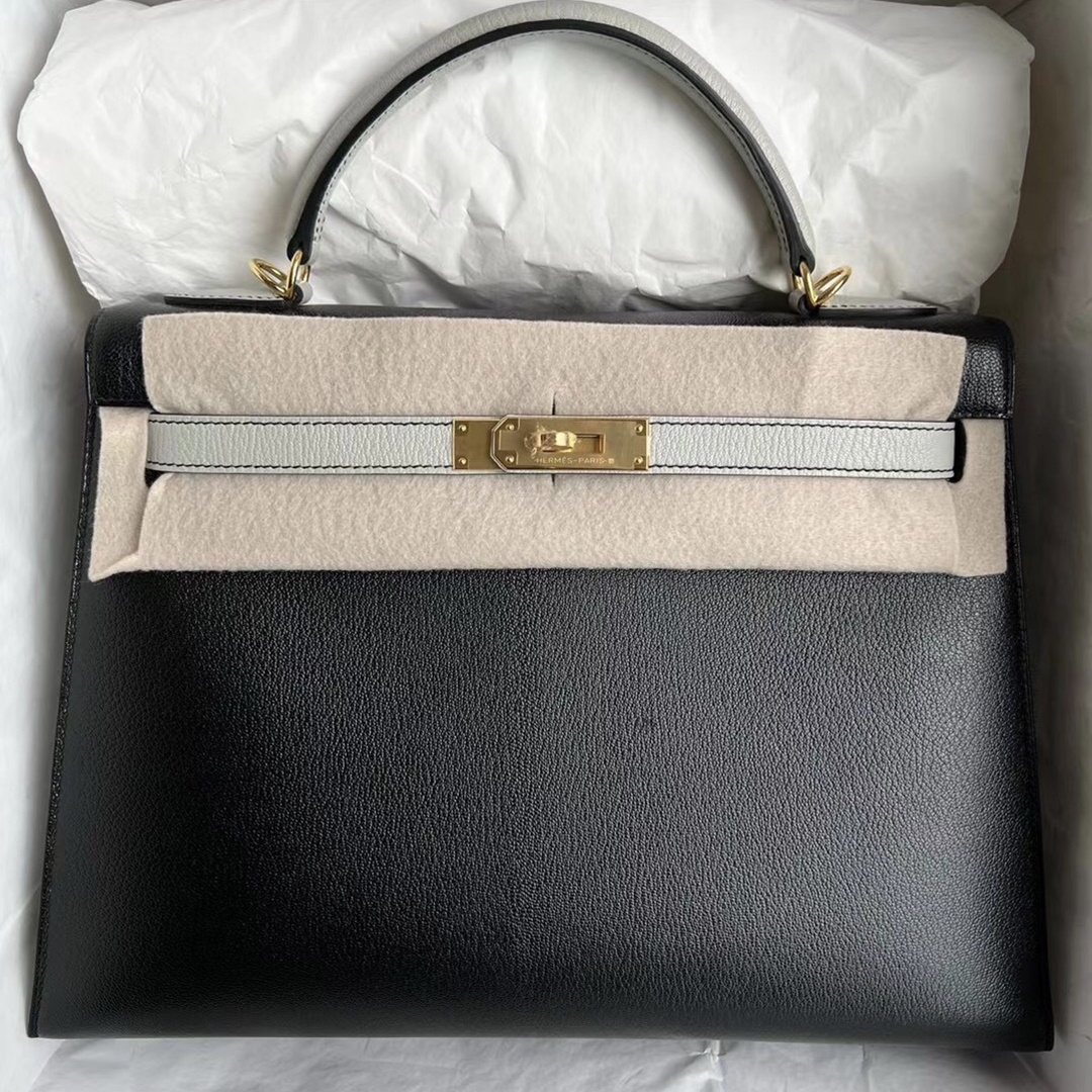 Hermes Kelly 32cm HSS Chevre Mysore 89 Noir 80 Gris Perle Hermes Kelly 32cm HSS Chevre Mysore 89 Noir 80 Gris Perle