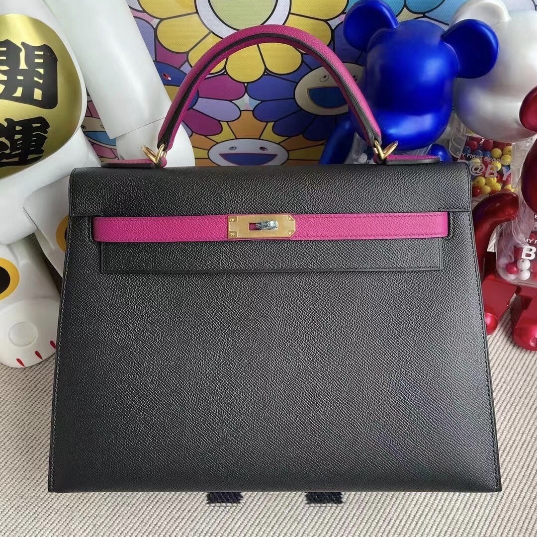 Hermes Kelly 32cm Epsom CC89 Noir L3 Rose Poupre Frosted gold button Hermes Kelly 32cm Epsom CC89 Noir L3 Rose Poupre Frosted gold button