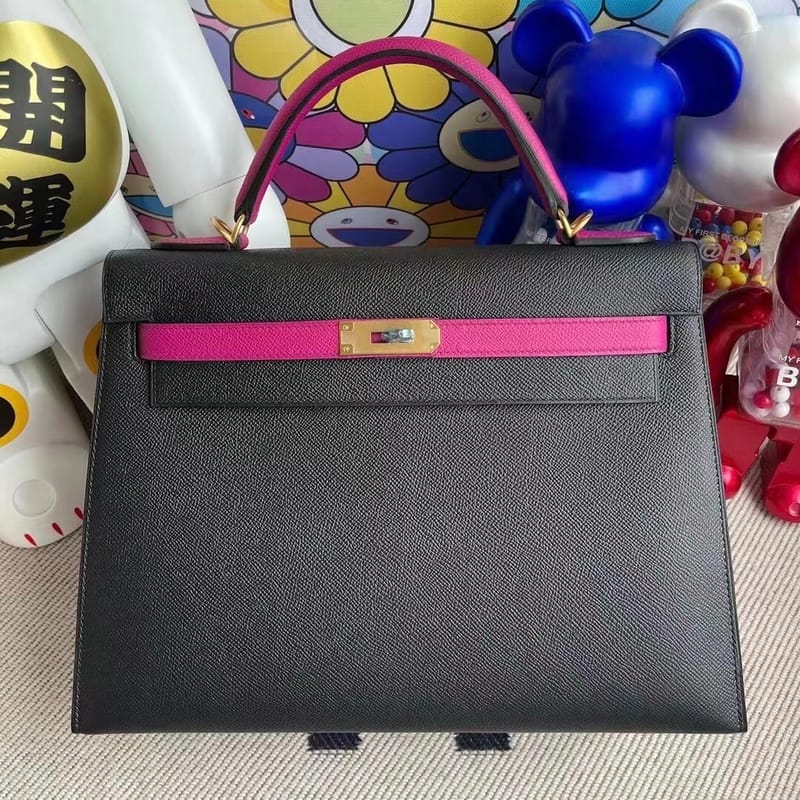 Kelly 32cm Epsom Cc89 Noir L3 Rose Poupre  Frosted Gold Button