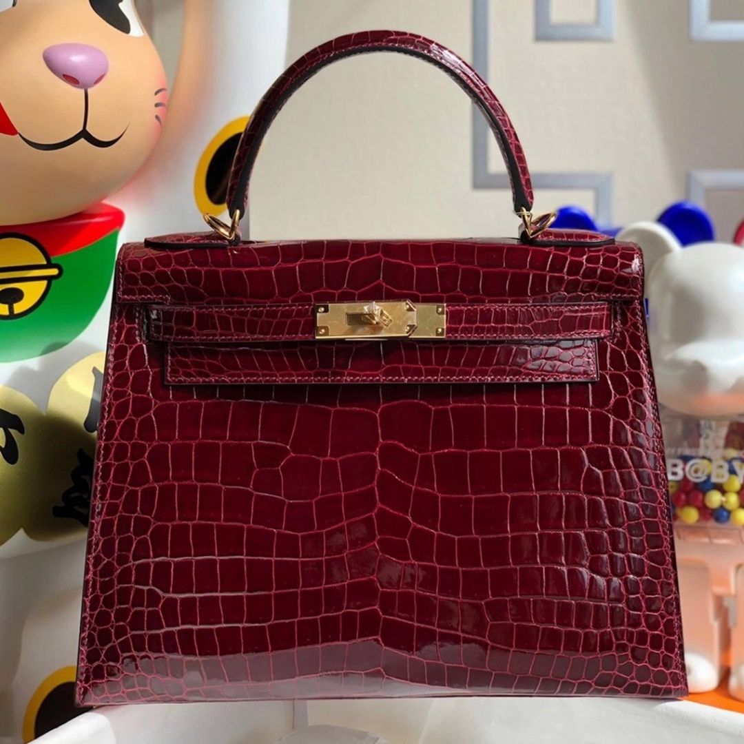 Hermes Kelly 28cm 6Q Very emeraude Shiny Porosus Crocodile ＾-0873
