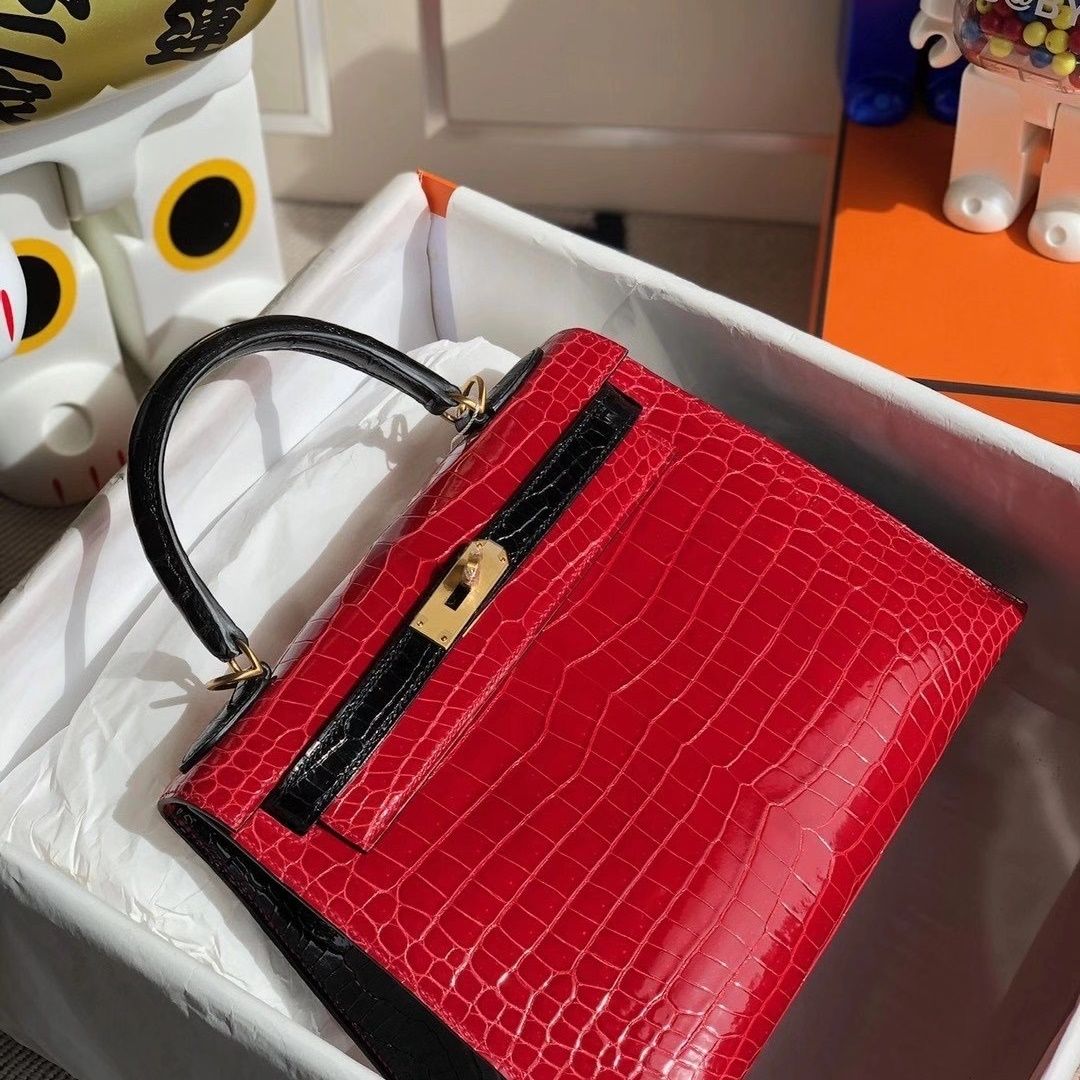 Hermes Kelly 28cm ck95 Braise  Shiny Porosus Crocodile ＾-5779
