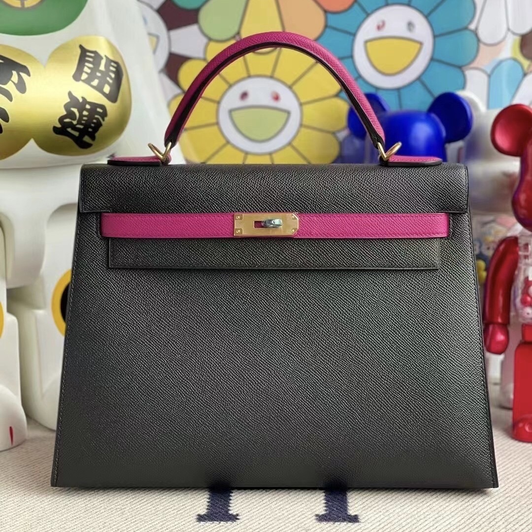 Hermes Kelly 32cm Epsom CC89 Noir L3 Rose Poupre Frosted gold button Hermes Kelly 32cm Epsom CC89 Noir L3 Rose Poupre Frosted gold button