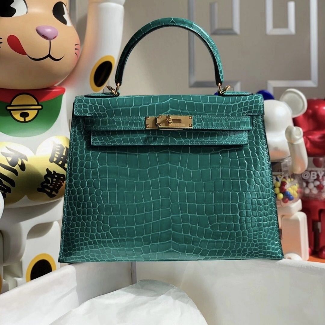 Hermes Kelly 28cm 6Q Very emeraude  Shiny Porosus Crocodile ＾-6770