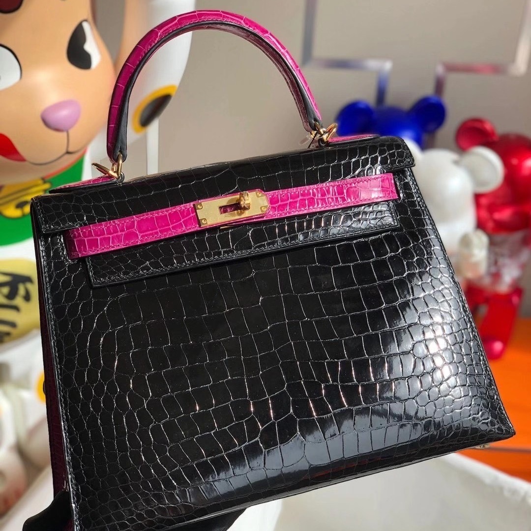 Hermes HSS Kelly 28cm J5 Rose Sheheraradez 89 Noir Porosus Crocodile
