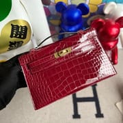 Hermes MiniKelly Pochette 22cm  Shiny Alligator Crocodile 55 Rouge H  GHW