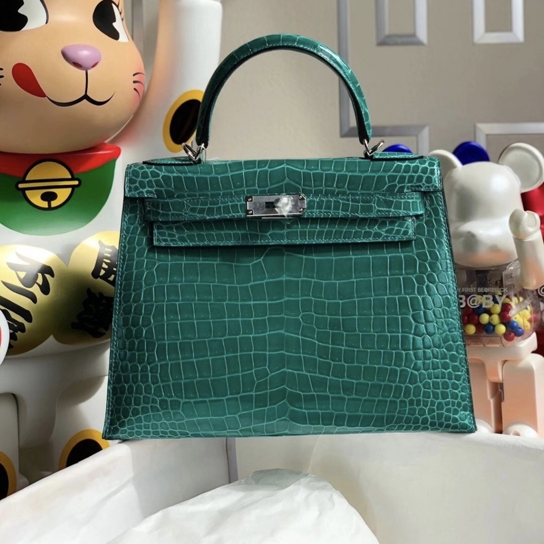 Hermes Kelly 28cm 6Q Very emeraude  Shiny Porosus Crocodile ＾