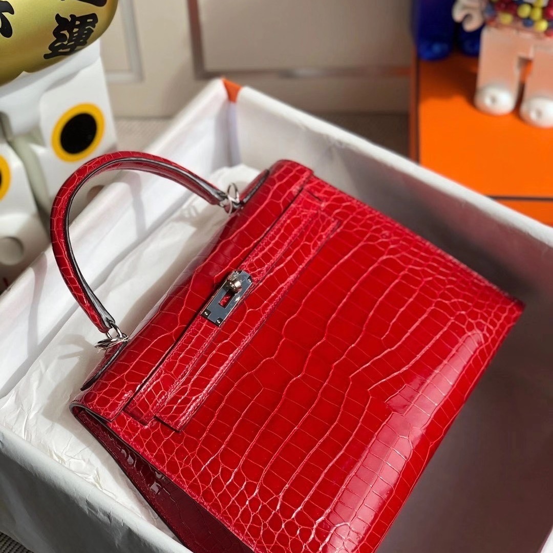 Hermes Kelly 28cm ck95 Braise  Shiny Porosus Crocodile ＾