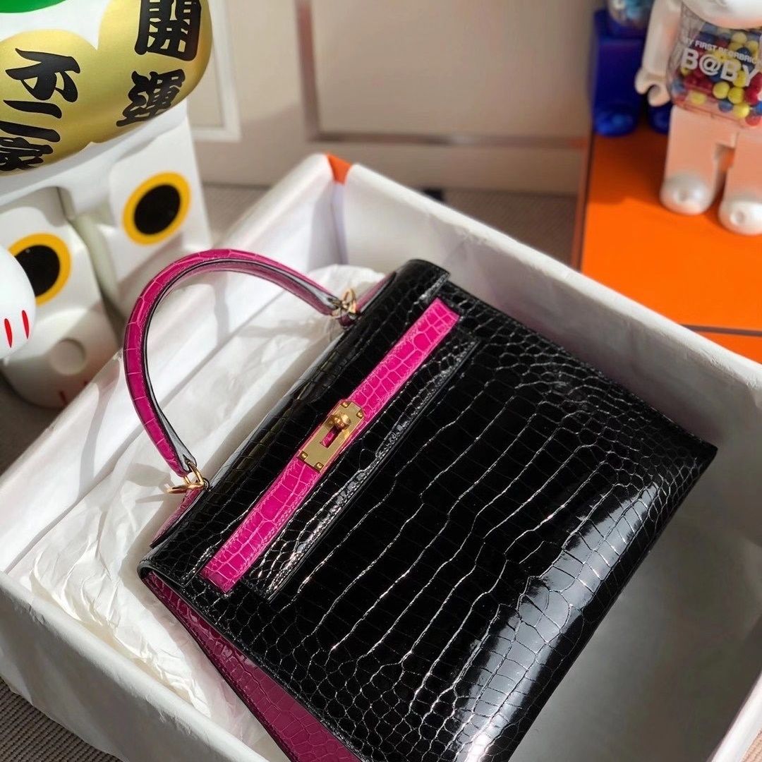Hermes Kelly 28cm 67 Vert Fonce  Shiny Porosus Crocodile-4971