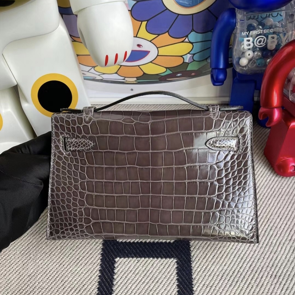 Hermes MiniKelly Pochette Shiny nilo crocodile CK88 Graphite
