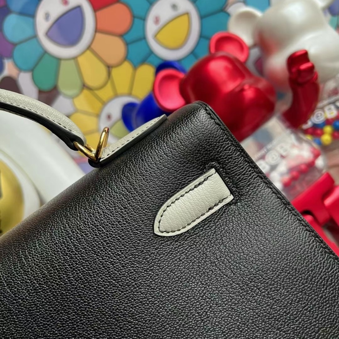 Hermes Kelly 32cm HSS Chevre Mysore 89 Noir 80 Gris Perle Hermes Kelly 32cm HSS Chevre Mysore 89 Noir 80 Gris Perle