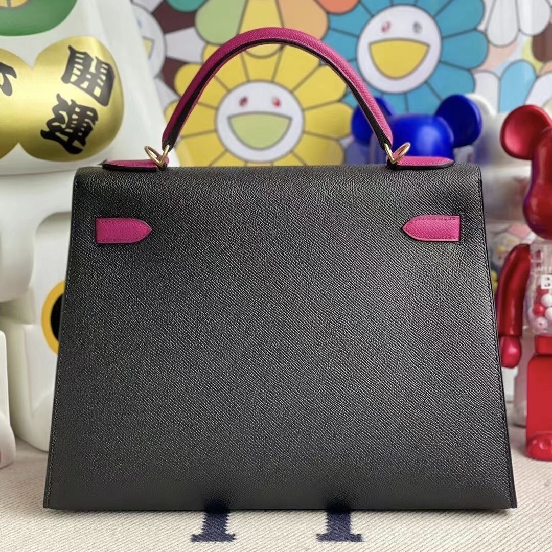 Hermes Kelly 32cm Epsom CC89 Noir L3 Rose Poupre Frosted gold button Hermes Kelly 32cm Epsom CC89 Noir L3 Rose Poupre Frosted gold button