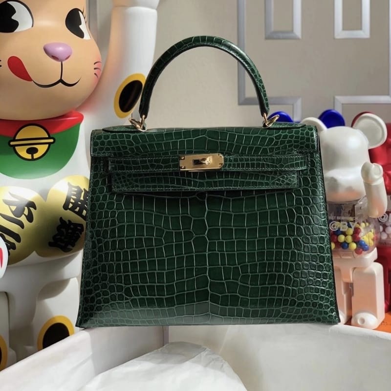 Hermes Kelly 28cm 67 Vert Fonce  Shiny Porosus Crocodile ＾