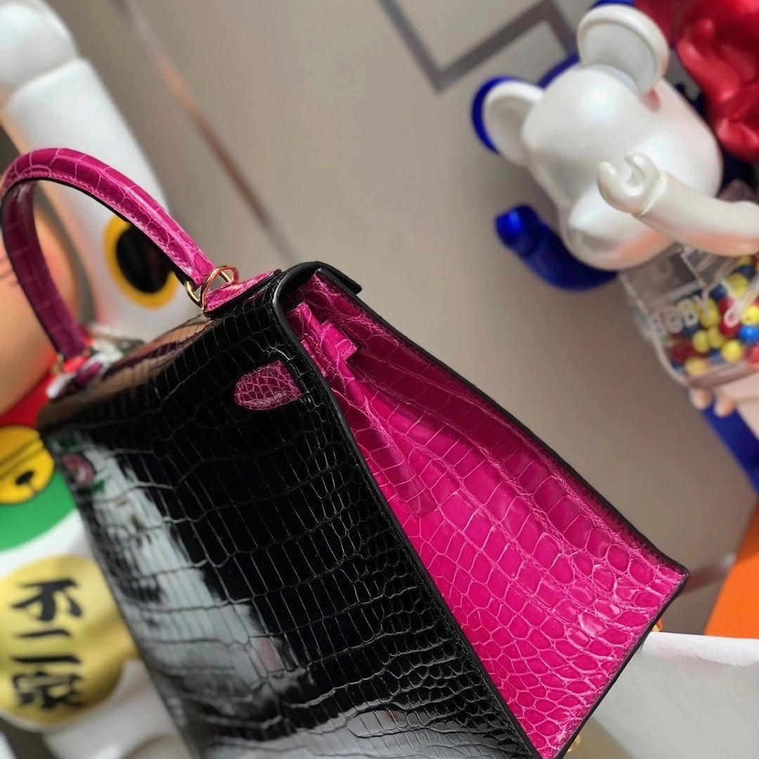 Hermes HSS Kelly 28cm J5 Rose Sheheraradez 89 Noir Porosus Crocodile
