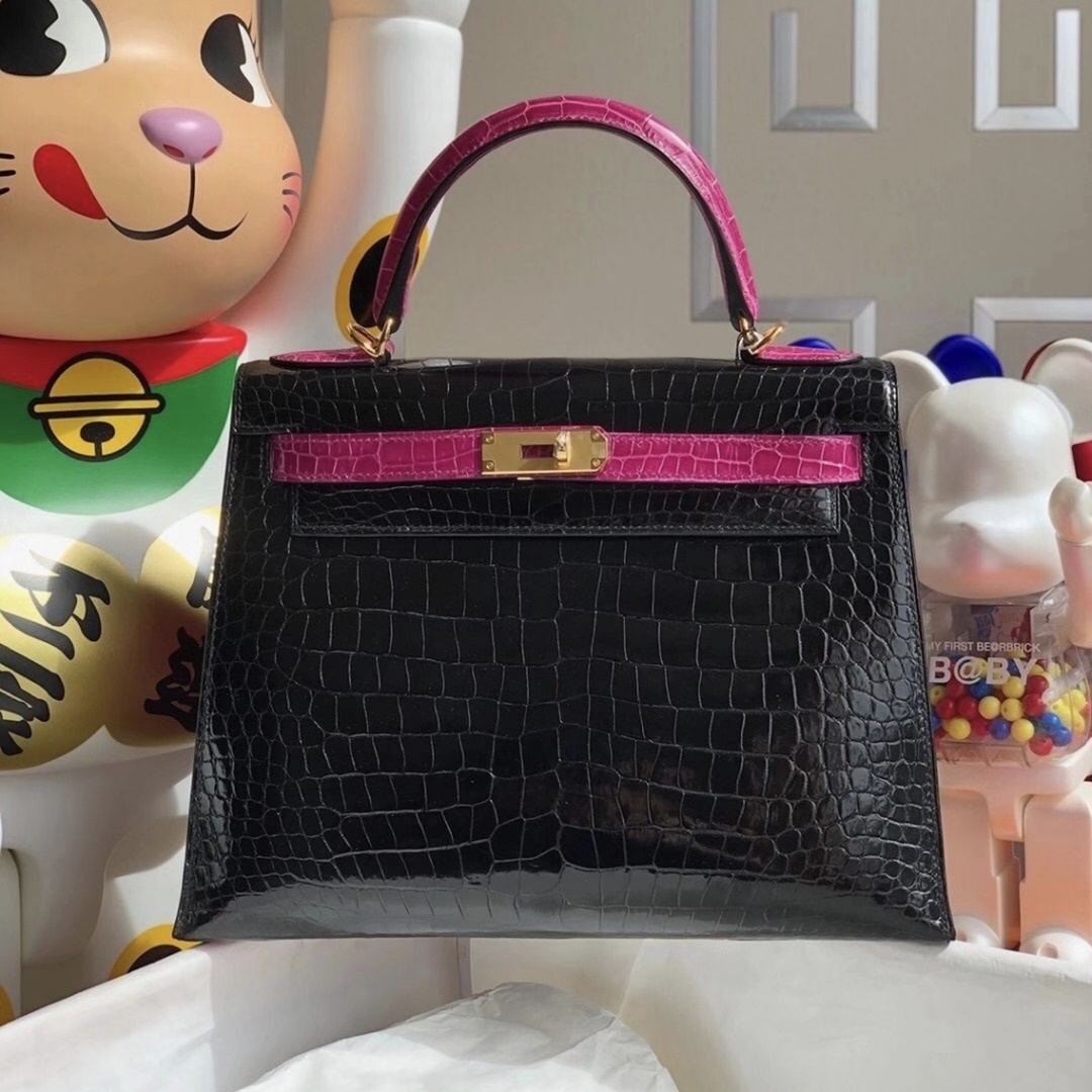 Hermes HSS Kelly 28cm J5 Rose Sheheraradez 89 Noir Porosus Crocodile