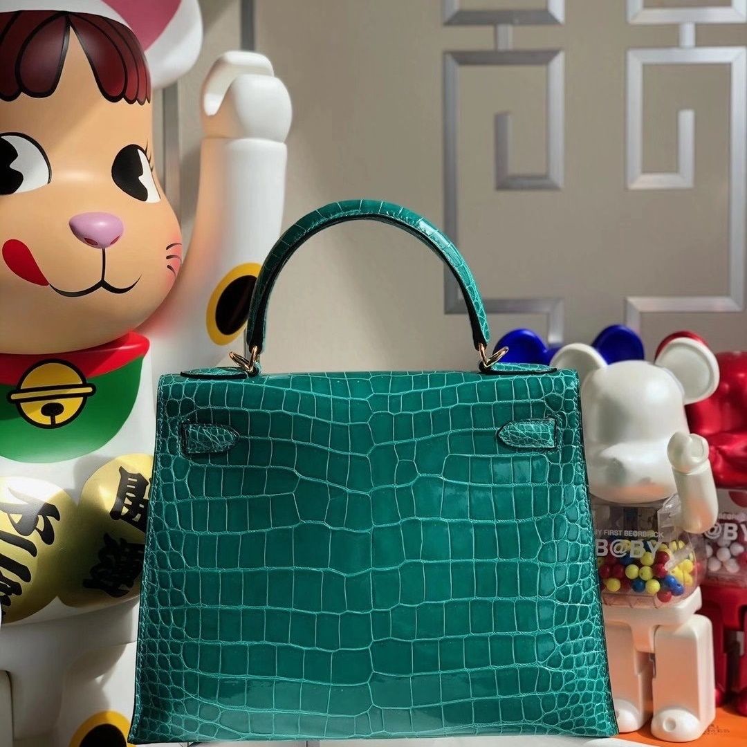 Hermes Kelly 28cm 6Q Very emeraude  Shiny Porosus Crocodile ＾-6770