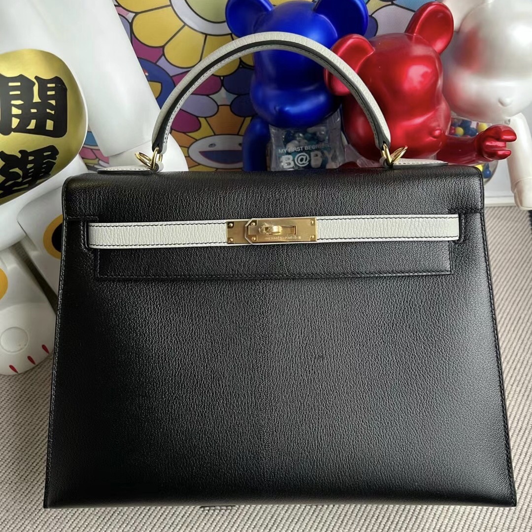 Hermes Kelly 32cm HSS Chevre Mysore 89 Noir 80 Gris Perle Hermes Kelly 32cm HSS Chevre Mysore 89 Noir 80 Gris Perle